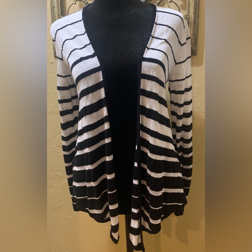 White House Black Market Black & White Striped Open Front Cardigan Size XS
